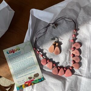 NWT Tagua Pink and Brown Necklace and Earring Vegetable Ivory Jewellery Set